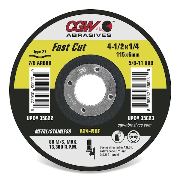 CGW Abrasives 35623 Depressed Center Wheel 4-1/2 X 1/4 X 5/8 - 11 Type 27 24 Grit Aluminium Oxide